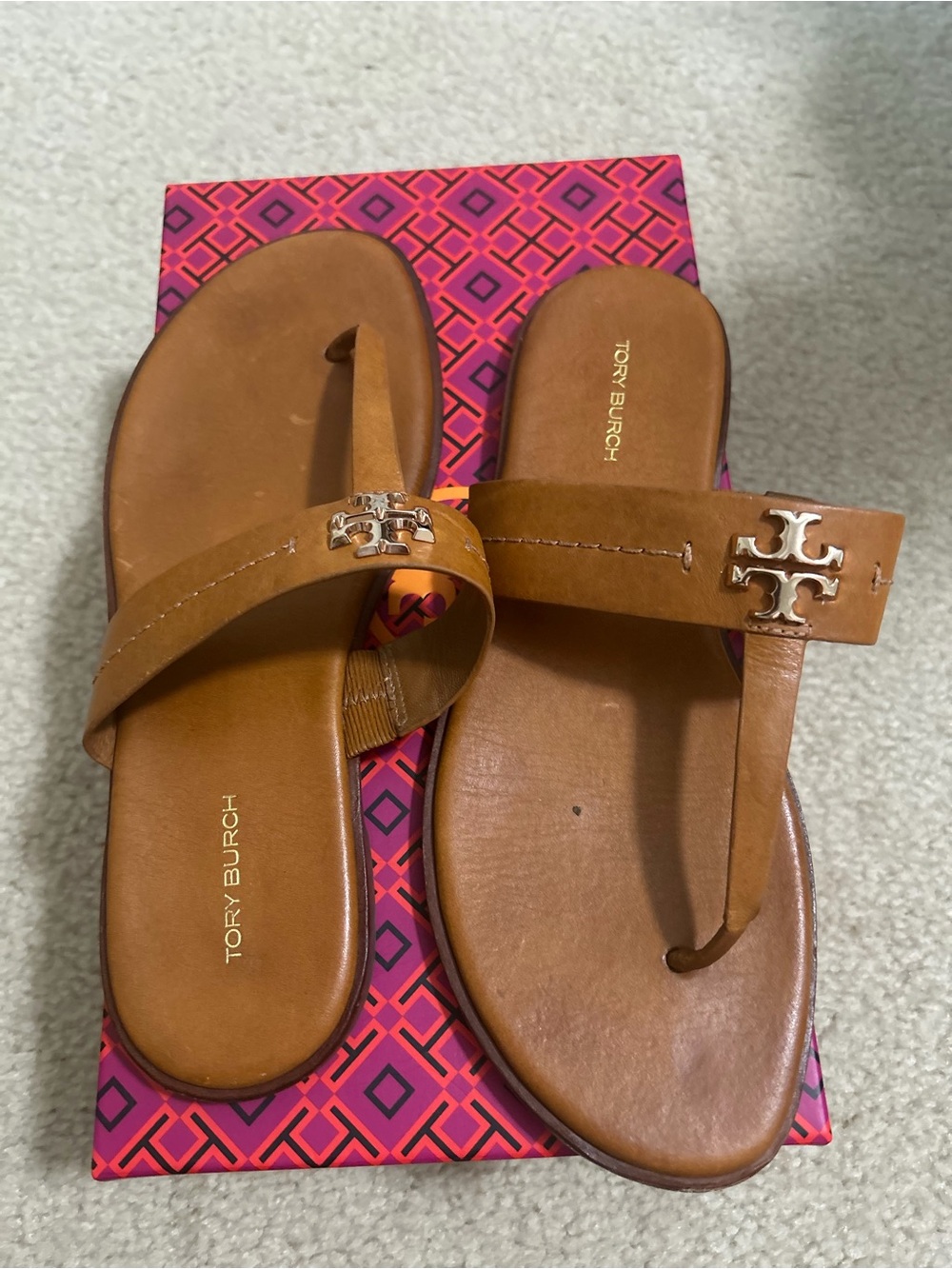 Tory Burch Tan Leather Miller Toe-Post Sandals with Gold Logo